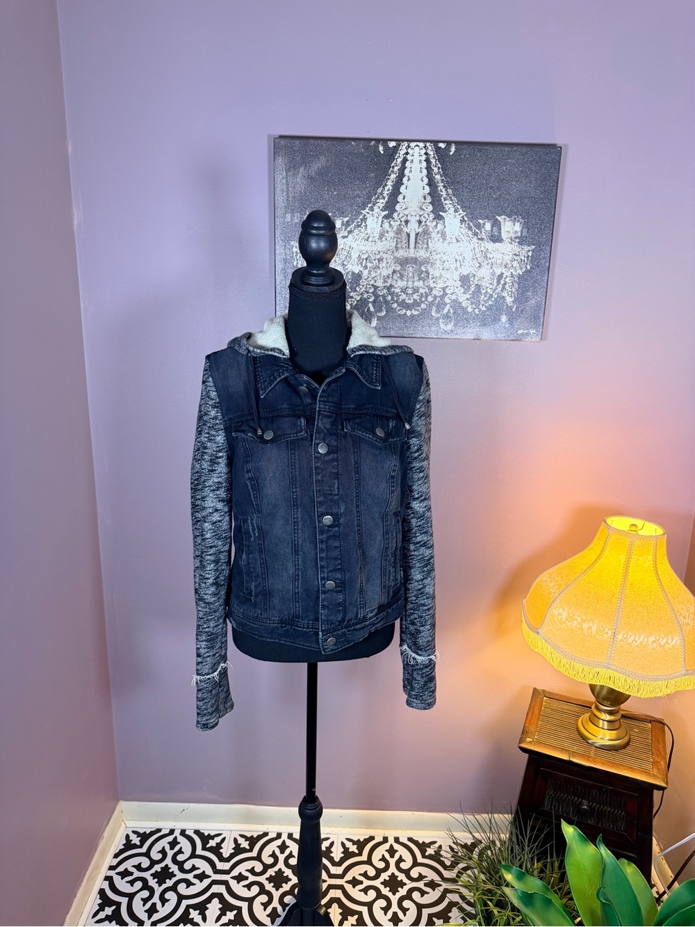 Free People Distressed Black Denim Trucker Jacket with Gray Knit Sleeves